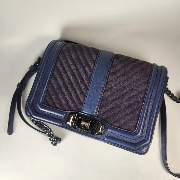 REBECCA MINKOFF Mini Love Chevron Quilted Crossbody Bag Blue Leather Purse - Picture 4 of 13
